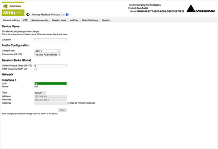 VAD Standard AoIP Driver Web Settings Main Page Screenshot