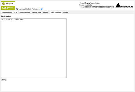 VAD Standard AoIP Driver Web Settings Static Discovery Screenshot