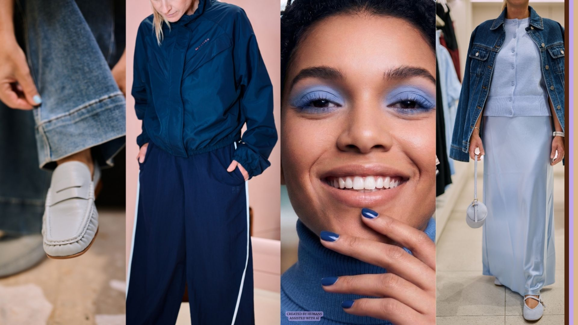 Collage of autumn outfits in shades of blue, featuring denim jackets, tailored trousers, layered knits, relaxed outerwear and minimalist footwear, styled to highlight seasonal colour and everyday layering.