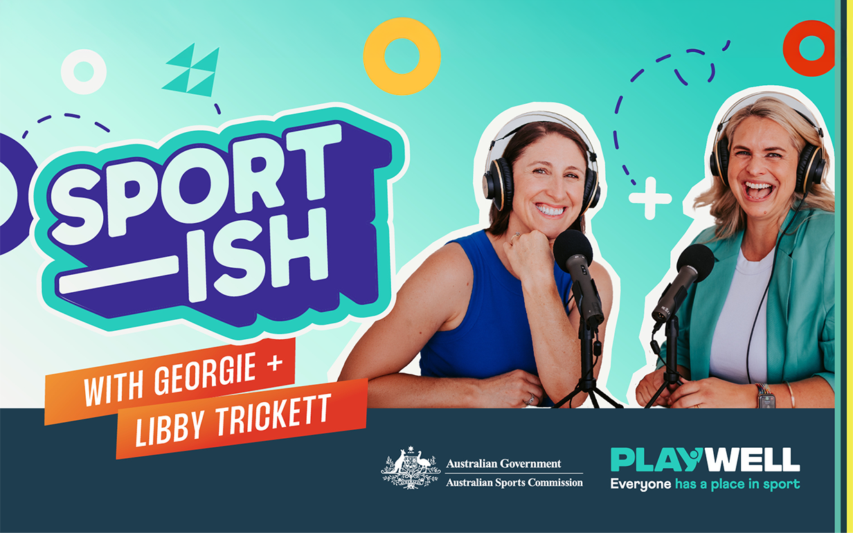 Libby Trickett and Georgie smiling with headphones on with their new podcast branding "Sport-ish" in the background