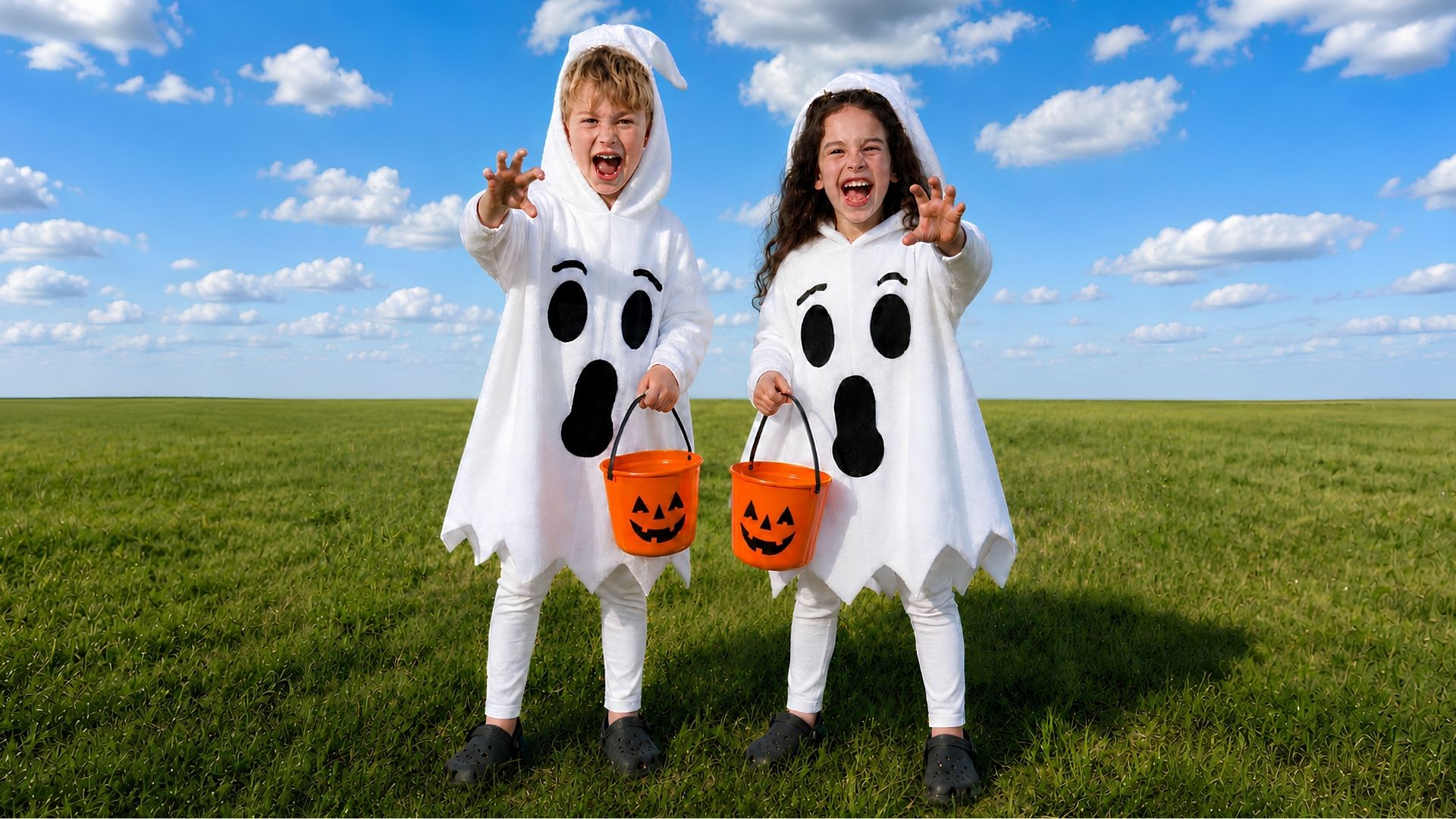 Two children dressed in playful white ghost costumes pose in a grassy field, holding orange Halloween buckets and making spooky gestures under a bright blue sky.
