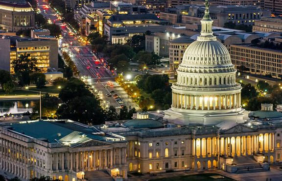 Bird's eye view of the Capitol building in Washington D.C. at night