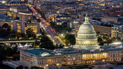 Bird's eye view of the Capitol building in Washington D.C. at night