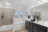 primary bathroom with double sink vanity, glass walk-in shower, and a large soaking tub