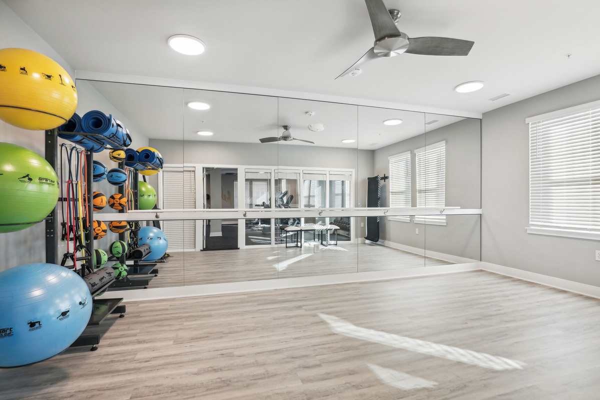 fitness room with exercise equipment & ceiling fan