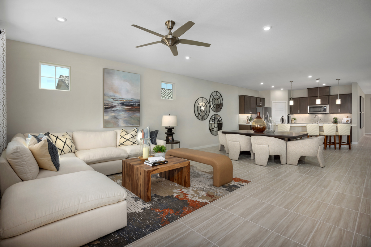 open great room and kitchen with natural light
