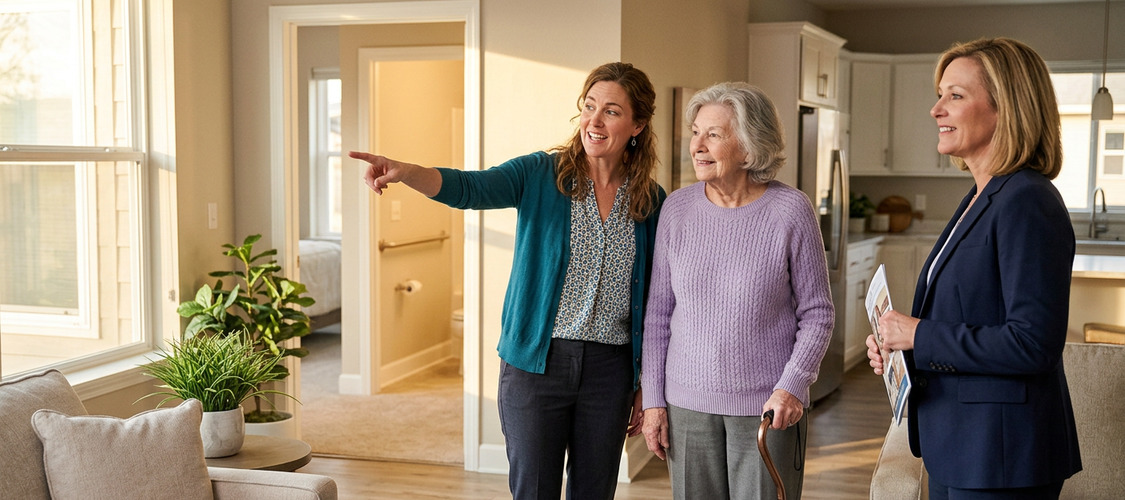 A woman and her elderly woman seeing a home with a real estate agent.