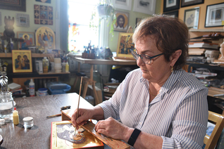 Iconographer Élizabeth Bergeron, pictured here with some of her work