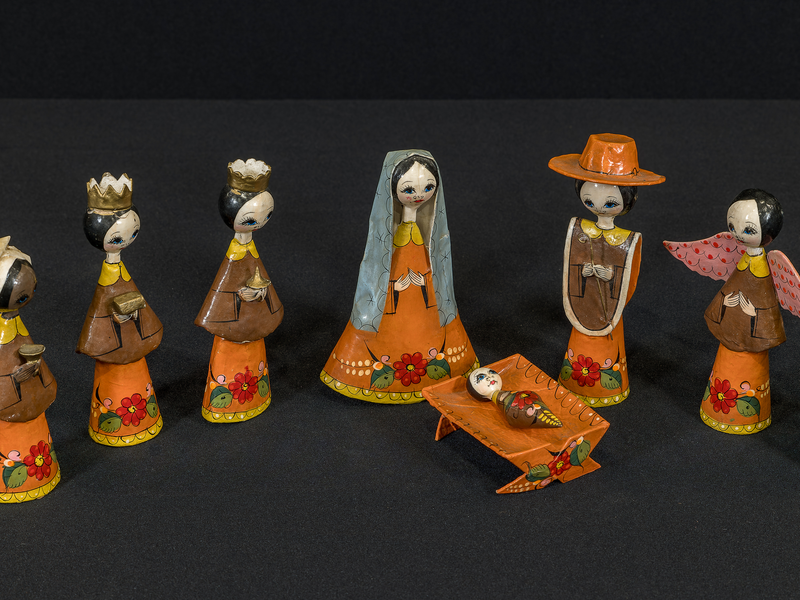 Papier mache crèche from Mexico with Holy Family, Angel, 3 Magi, and Shepherd.