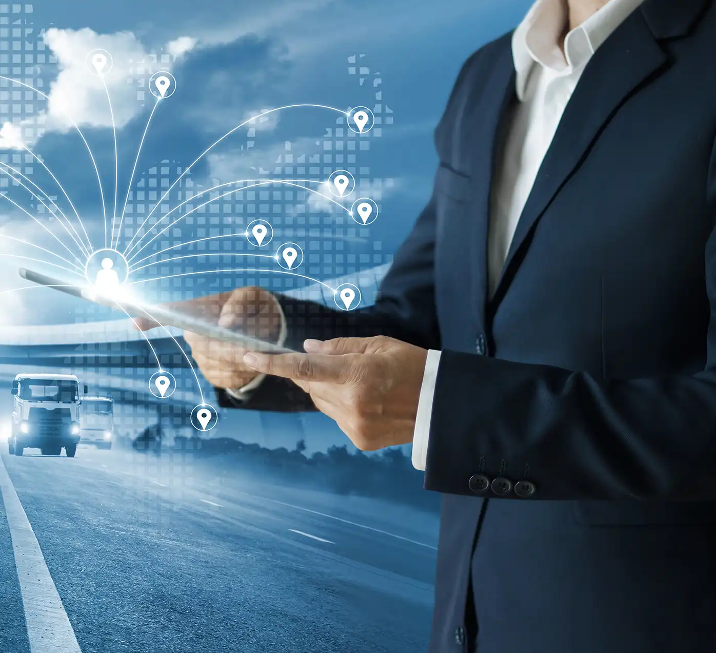 Abstract image of a person holding a tablet with data.
