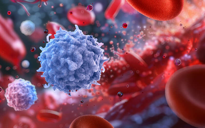 Lymphocytes, immune cells, white blood cells. Adaptive immune system, showcasing T-cells, B-cells, NK cells. Human lymphocytes combating infections. Medical 3D blood structure scientific illustration