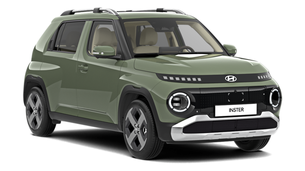 4. Green Hyundai Inster shown from the front and side on a plain white background.