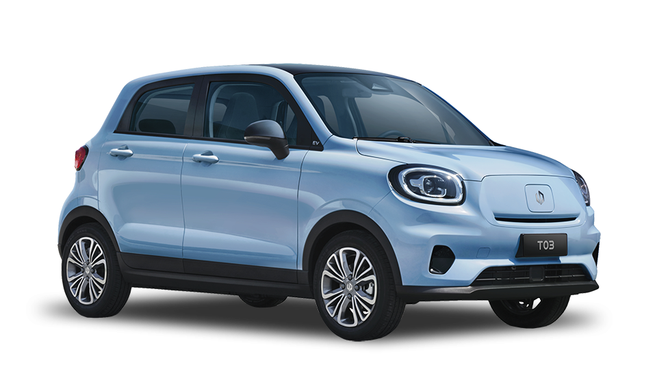 Light blue Leapmotor T03 electric city car shown on a plain background.