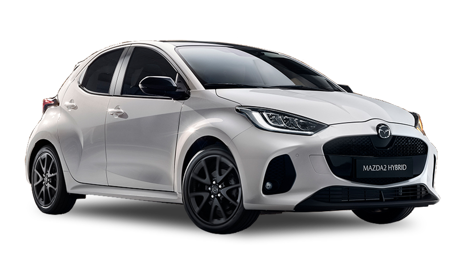 White Mazda2 Hybrid hatchback shown on a plain background.