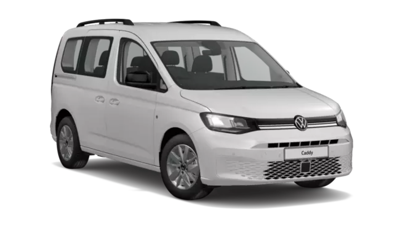White Volkswagen Caddy shown from the front left angle on a plain light background. The vehicle has black roof rails, large side windows and silver alloy wheels.