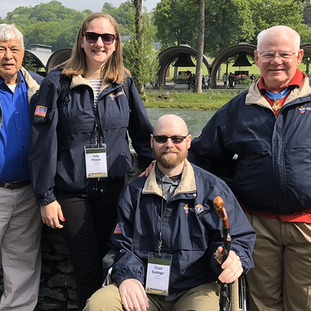 Charlie Baldinger with volunteers during the Warrior to Lourdes Pilgrimage in May 2018.