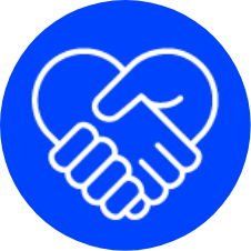 Icon that looks like two hands shaking, styled to form the shape of a heart. Icon is placed in bright blue circle with the icon outlined in white