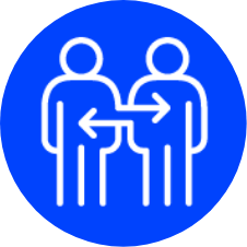 Icon that looks like two people standing side by side, with arrows pointing towards each other. Icon is placed in bright blue circle with the icon outlined in white