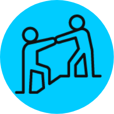 Icon that looks like two people holding hands, one person is helping the other to get on top of a hill. Icon is placed in cyan circle with the icon outlined in white