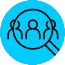 Icon that looks like a magnifier on top of 3 outlined people, focused on the person in the middle. Icon is placed in cyan circle with the icon outlined in white
