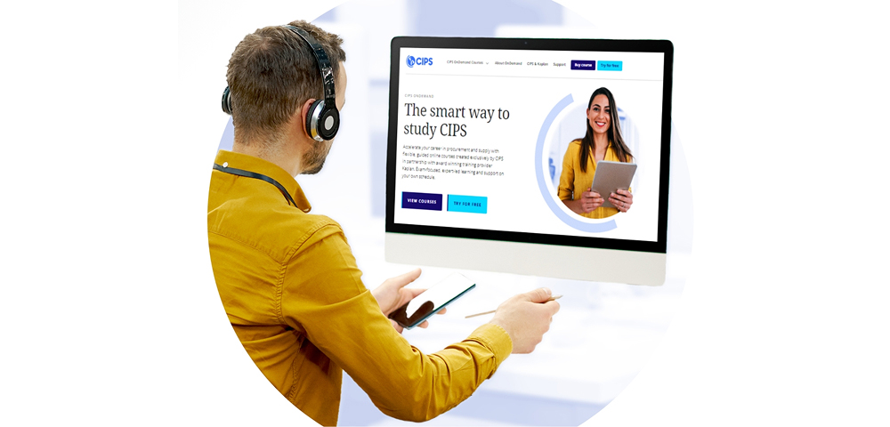 The central element is a computer screen displaying a website for CIPS On-demand Courses. The headline reads, "The smart way to study CIPS." The body text mentions accelerating a career in procurement and supply with flexible, guided online courses created by CIPS in partnership with an award-winning training provider. There are two call-to-action buttons: "VIEW COURSES" and "TRY FOR FREE." The website features a smiling woman holding a tablet as a visual element.