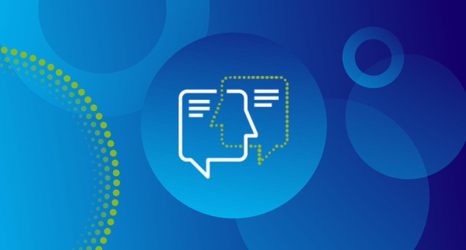 Illustration of two overlapping speech bubbles with a human face outline, on a blue abstract background.