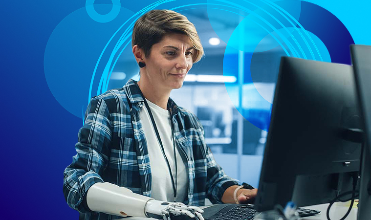 Young white woman working on a computer and looking at screen, one of her arms is a prostethic. Photo is cutout and displayed on cyan and navy background, with decorative circle elements