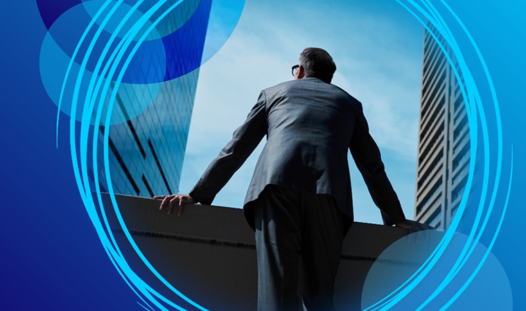 Business man in suit, outside looking out to two large skyscrapers, decorative circles in the background