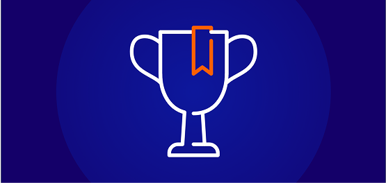 An icon of a white trophy cup with an orange ribbon hanging inside, on a dark blue background.