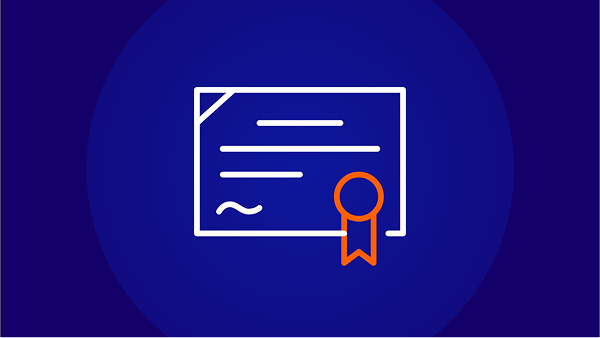 An icon of a white diploma or certificate with an orange wax seal and ribbon, on a dark blue background.