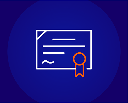  An icon of a white diploma or certificate with an orange wax seal and ribbon, on a dark blue background.