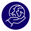Line icon of a hand holding a globe, symbolising sustainability / protecting the earth. Icon on dark blue circle