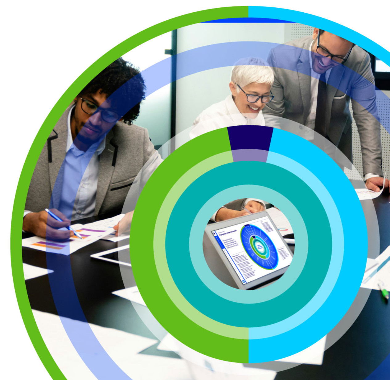 Group of people working in office together, looking at tablet with global standard graph. Decorative circles overlay photograph