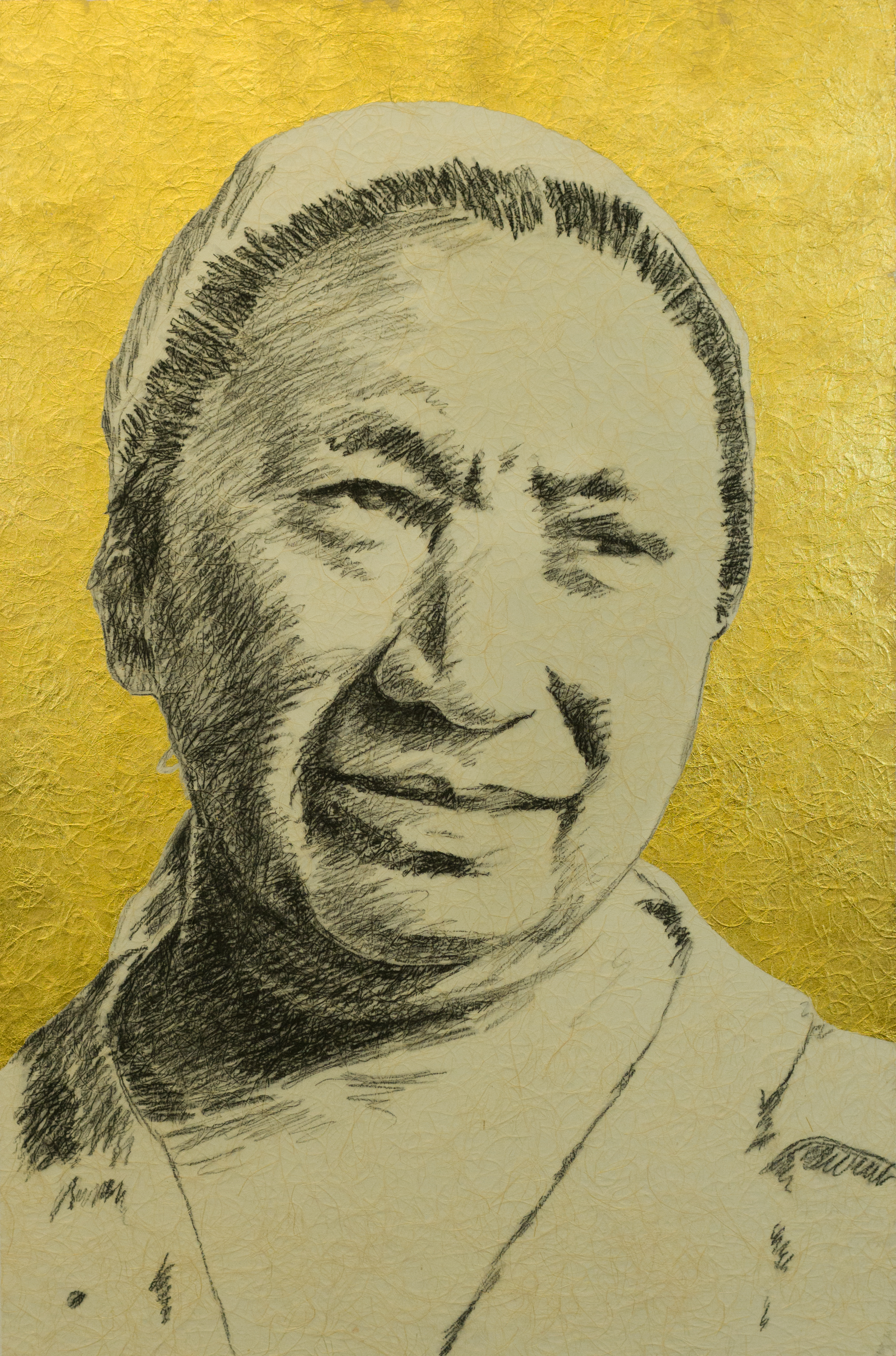 Drawing of woman looking off into distance. Charcoal and gold leaf on mulberry paper