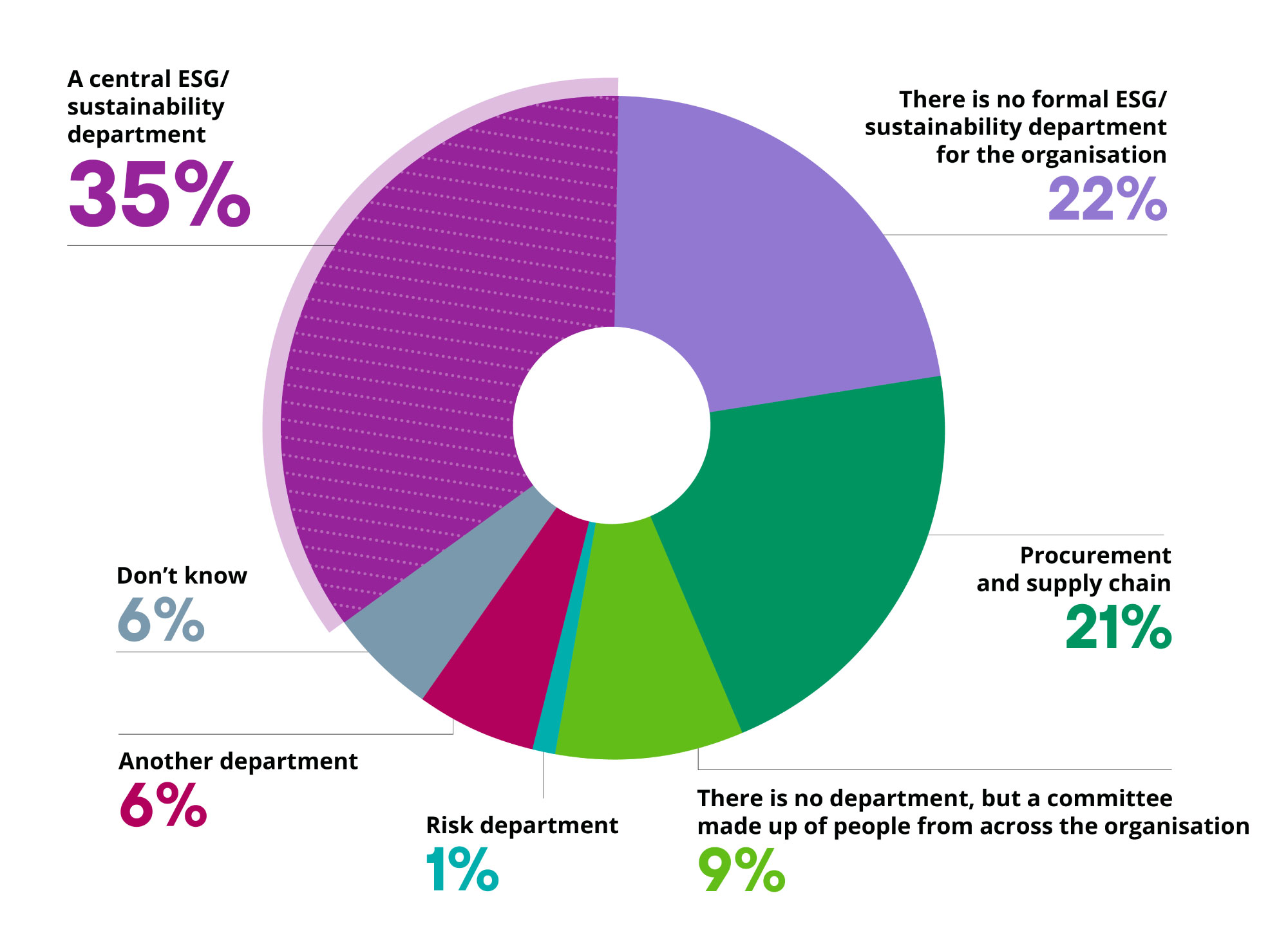 Doughnut chart showing organizational ESG/sustainability structures: 35% have a central department, 22% have no formal department, 21% use procurement/supply chain, 9% use a cross-organization committee, 6% use another department, 1% use the risk department, and 6% don't know. 