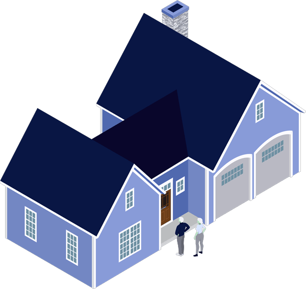 A graphic of a senior couple standing outside of their home