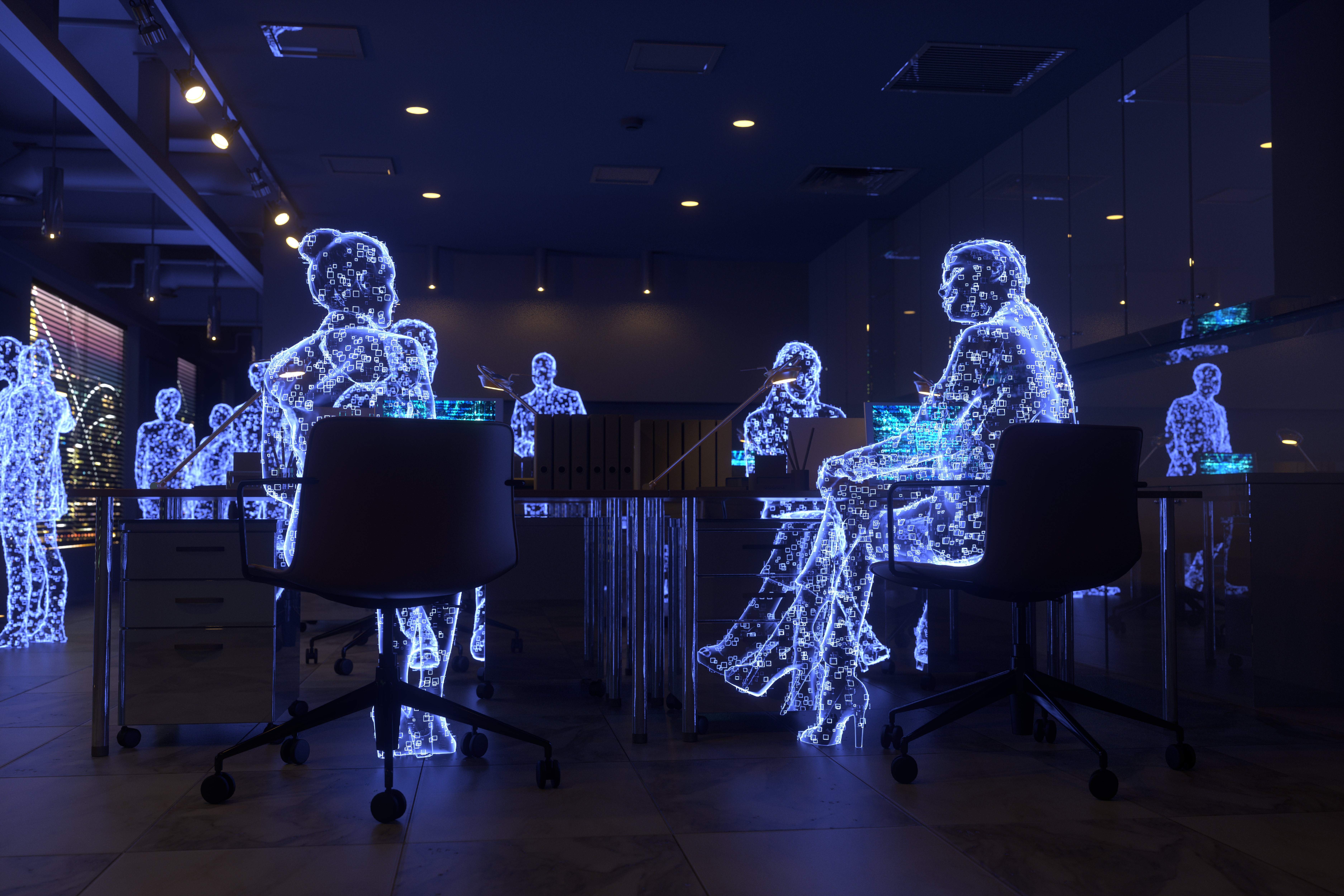 Hollogram projections of people in an office
