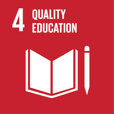 Icon of a book and pen, text 'quality education'