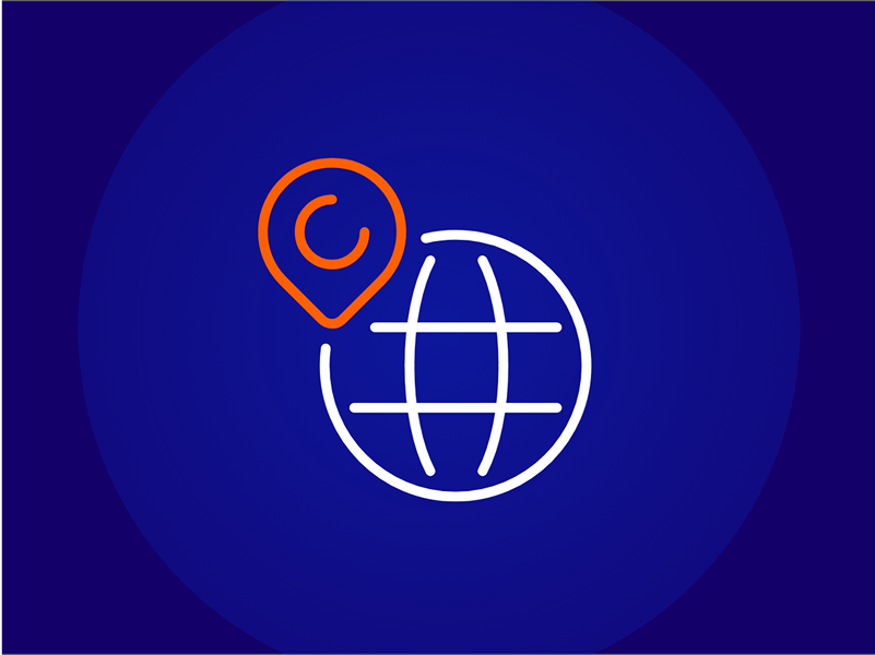 Globe with location pin icon, representing sourcing and global procurement