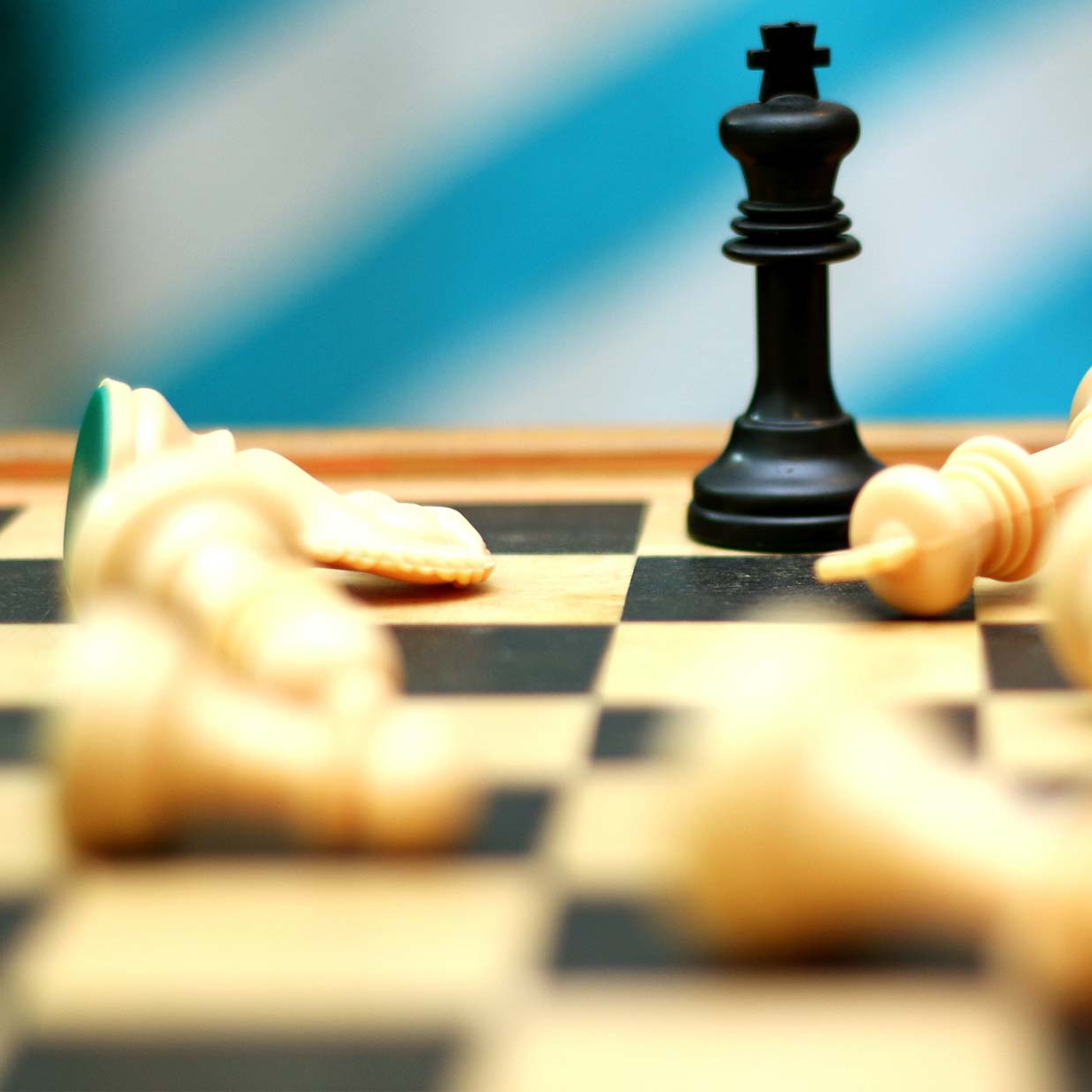 Chess pieces on board - one black chess piece is still standing, white pieces are all toppled over