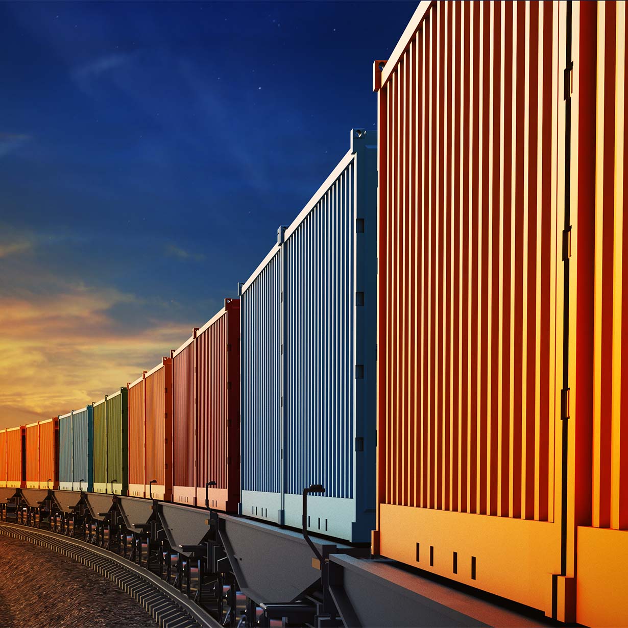Cargo train with several colourful containers