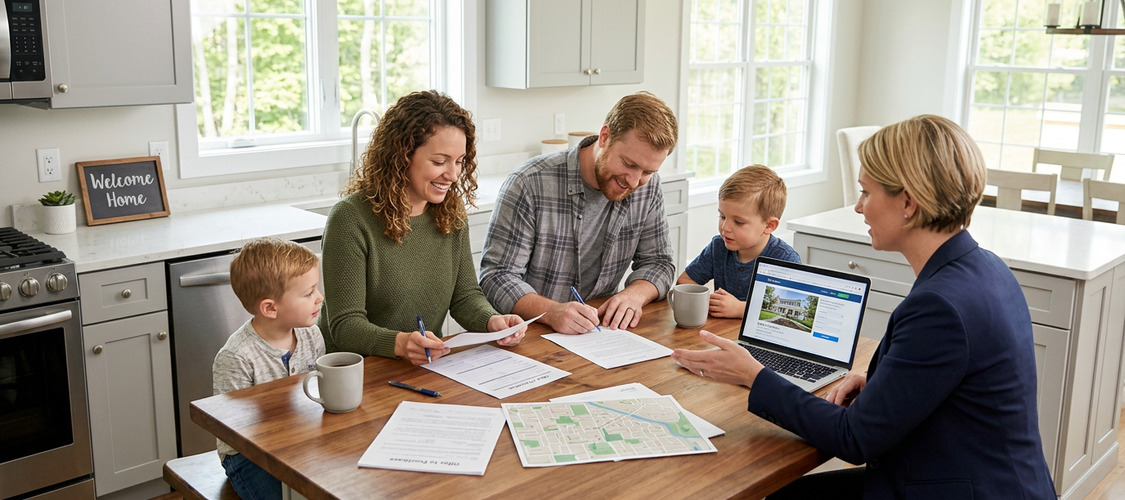 A family at a kitchen table with a real estate agent showing them a listing online and paperwork on the table.