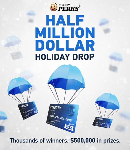 Promotional Image of DIRECTV Perks Half Million Dollar Holiday Drop with Visa gift cards on blue parachutes.