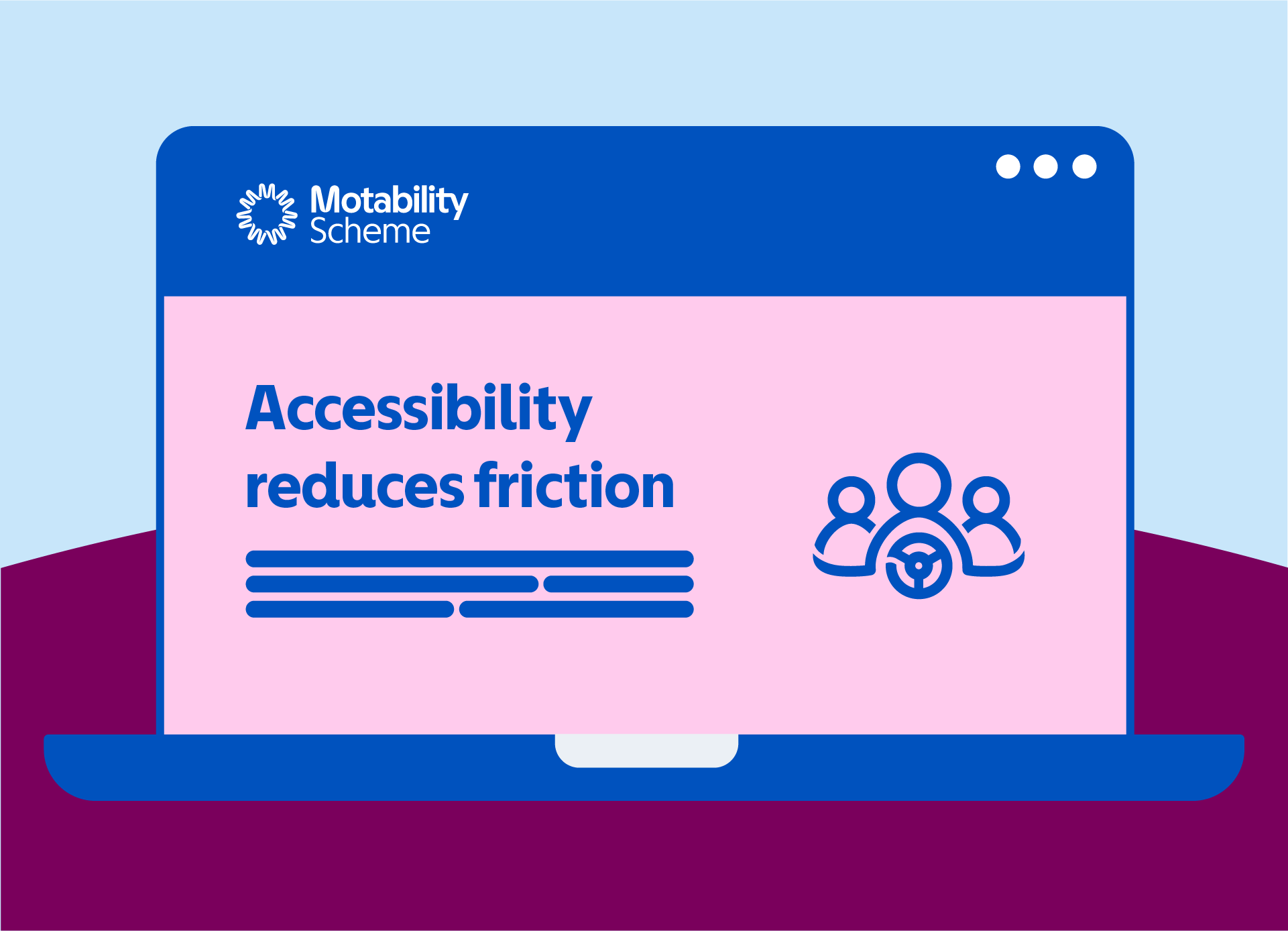 Graphic of a laptop with the Motability Scheme logo and the text: Accessibility reduces friction.