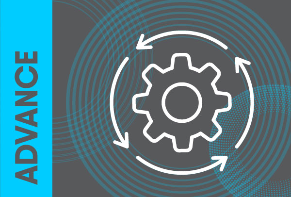 Icon of a cog wheel with four arrows rotating around it. Text 'advance' on the side