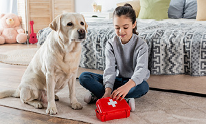 Deklica se s kužkom igra zdravnike in odpira komplet za prvo pomoč