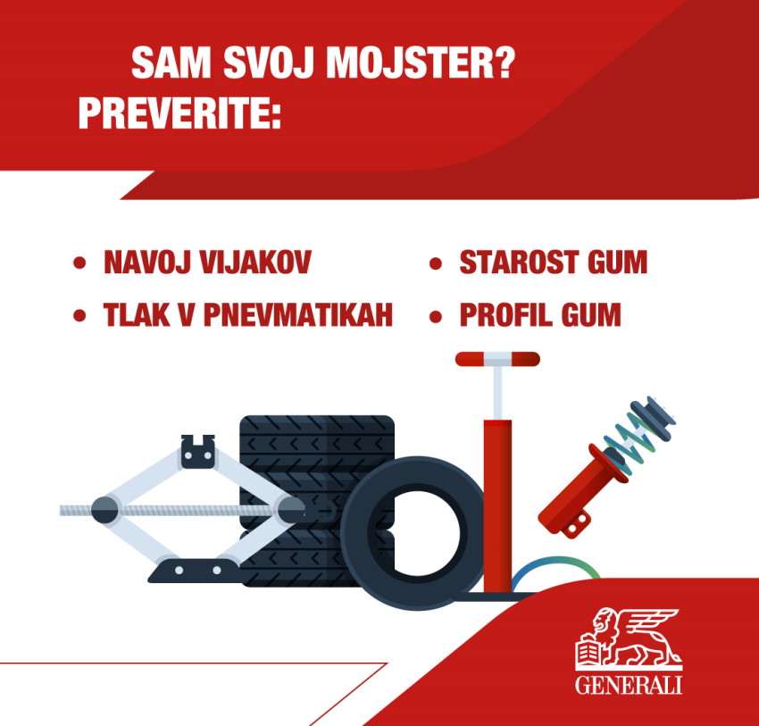 Infografika z napisom Sam svoj mojter? Preverite: navoj vijakov, tlak v pnevmatikah, starost in profil gum.