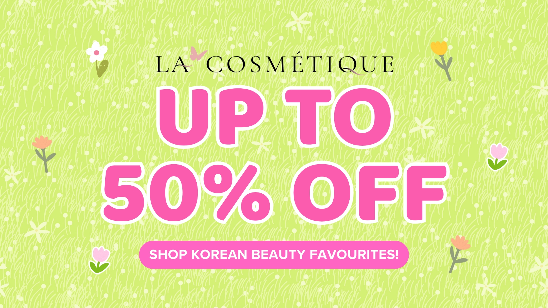 Spring Love promotion featuring up to 50% off selected K-beauty products, exclusive member rewards, free gifts and limited-time offers.