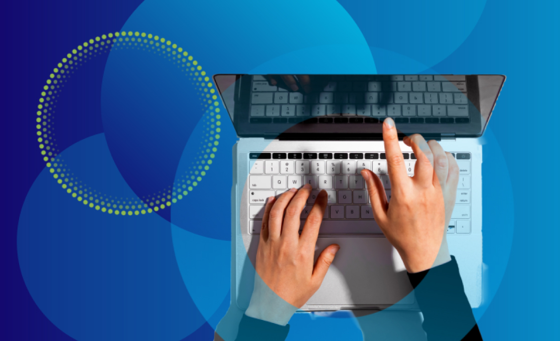 Person typing on a laptop keyboard with abstract blue and green circular graphics in the background.