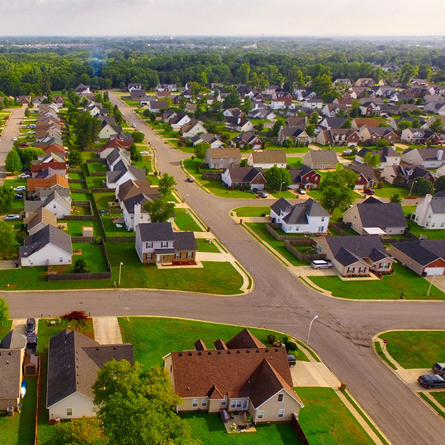 An aerial image of a Tennessee neighborhood